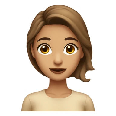 Chica morena con ojos marrones claros cabello color caramelo lacio con fleco y blusa beige sticker