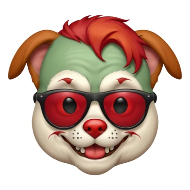 Zombie dog with sun glasses and red hair and joker nose sticker