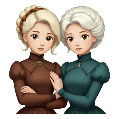 Two Victorian women with light eyes standing close together, one with bright pure white coiffed hair and one with dark copper coiffed hair, both wearing Victorian turtleneck dresses with their arms wrapped tightly around each other sticker