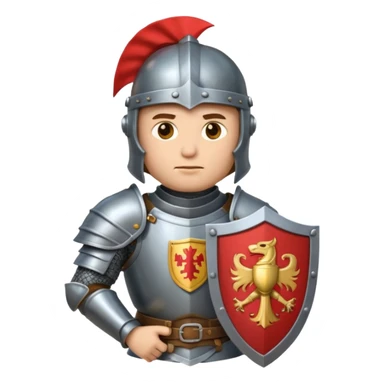 An emoji portrait of a medieval knight. He wears a suit of armor with a stylized helmet. His expression is serious and determined, and he holds a shield with a family crest. sticker
