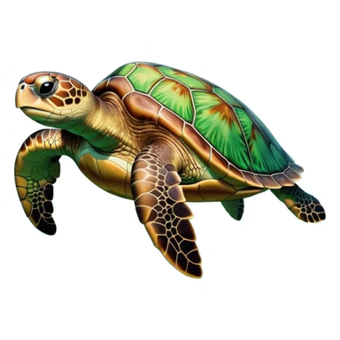 cinematic-sea-turtle-realistic-full-body-swimming-emoji,-graceful-streamlined-body-gliding-through-crystal-clear-waters,-large-flippers-moving-in-fluid-motion,-smooth-green-and-brown-patterned-shell-glowing-in-the-sunlight,-gentle-dark-eyes-filled-with-deep-wisdom,-bubbles-trailing-in-its-wake,-simplified-yet-realistic-focused-features,-highly-detailed,-glowing-with-an-oceanic-serene-light sticker