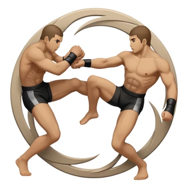 An icon symbolizing wrestling martial arts, featuring two stylized figures locked in a dynamic grappling pose. The background shows abstract elements representing strength and technique, with a circular design to represent unity and focus. Transparent background sticker