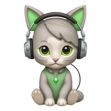 a small little grey kitten sitting on a seat and wearing headphones and there is a green rhombus over her head sticker