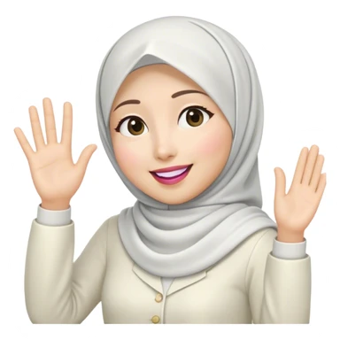 Asian white woman hijab, her hijab color is white, her face is small oval, her face is firm, her lips are pink, her eyes is shining, her face looks happy and excited, her eyes are also smiling, her outfit color is white. Generate emoji that show full body and her left hand is waving to the left sticker
