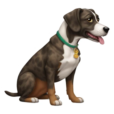 Brindle dog with Duck sticker