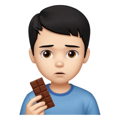 a PRETTY BRATZ boy with black hair eating chocolate and looking sad sticker