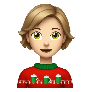 Light brown short haired girl with green eyes drinking coffee wearing red Christmas sweater sticker