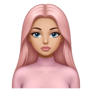 Glamours, tanned, very beautiful girl, with big pump peach-beige-rose lips, long long lashes, black straight smooth silky long hair, straight parting hair, blue-grey eyes in light pink long-sleeves bodysuit sticker