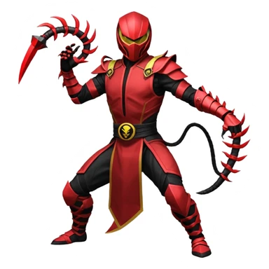 ⚡Look: Agile black-and-crimson suit with sharp angular armor Weapon: Energy whip that can split and paralyze multiple targets Details: Scorpion-like armor accents Vibe: Bold, dangerous, thrives in chaos Stance: Mid-spin, whip striking multiple foes MORTAL KOMBAT style sticker
