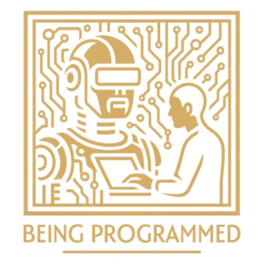art deco logo of a robot being programmed, stylized circuitry, gold and black, streamlined forms, bold outlines sticker