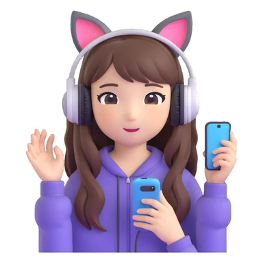 Adorable Japanese girl with long hair, cute cat ear headphones and holding smartphone sticker