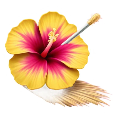 Hibiscus that is yellow on outside and fades to pink then maroon in the centre, in a coconut with a straw sticker