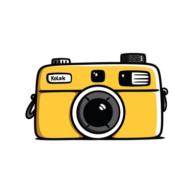 Hand-drawn vintage Kodak camera with yellow casing sticker