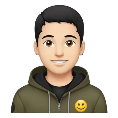 man with smiley face, black hair military cut, brown eyes, wearing 2 circle earrings and a black hoodie sticker