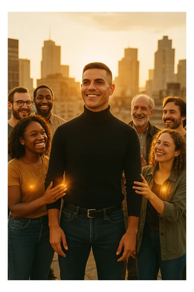 A cinematic scene of a man in his early 30s standing at the center of a sunlit urban rooftop during golden hour, surrounded by a diverse group of supportive, smiling people — friends, mentors, colleagues. They’re standing slightly behind or beside him, hands on his shoulder or gesturing toward him with encouragement. The man looks forward with a confident, inspired expression, body slightly relaxed, as if something inside di lui sta cambiando. The light behind the group forms a halo effect, emphasizing warmth and unity. Subtle visual symbolism: faint glow around their hands and hearts, suggesting their energy is uplifting him. Realistic clothing, modern style — jeans, T-shirts, casual jackets. The mood is inspiring, grounded, and full of potential. Shot in 35mm film style, with rich warm tones, shallow depth of field, and vibrant human detail. sticker