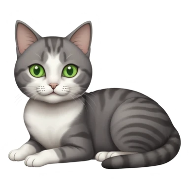 full body tiny short hair dark grey and white cat with white front legs and green  eyes lying down sticker