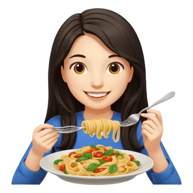 chica joven con piel clara y pelo oscuro largo comiendo un plato de pasta que parezca un emoji de iphone (sistema ios) sticker
