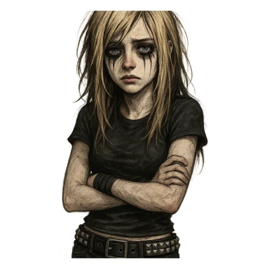 depressives Emo Mädchen, blond, blaue Augen, mit Nietengürtel, Emo-Stil, detailed, expressive, digital art sticker