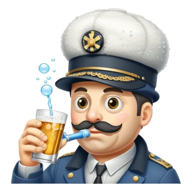 A very drunk locomotive train wearing a tilted ushanka hat, with crossed eyes, hiccuping vodka bubbles, spilling drink sticker