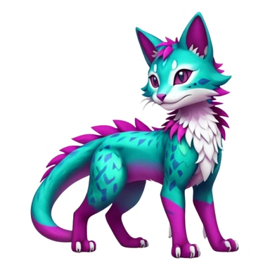 Kawaii cute colorful iridescent dark-turquoise-green and magenta and white beautiful pretty elegant divine edgy feline-vernid-sergal-Fakémon-Pokémon-fursona-animal-creature with accessories, full body, with intricate detailed markings sticker