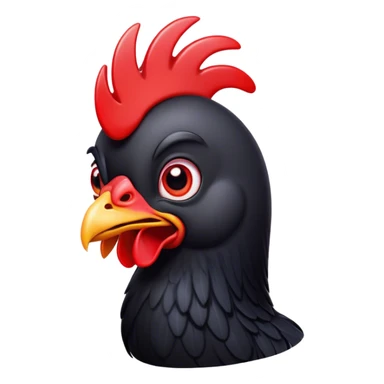 Cinematic Comical Black Chicken Portrait Emoji, Head tilted dramatically with an exaggeratedly amused expression, featuring a sleek, glossy black plumage with a bold red comb, wide, expressive beady eyes filled with playful disbelief, Simplified yet hilariously expressive features, highly detailed, glowing with a slightly sassy glow, high shine, dramatic yet playful, stylized with an air of cheeky mischief, bright and endearing, soft glowing outline, capturing the essence of a spirited and over-the-top chicken, so meme-worthy it feels like it could cluck its way into internet fame instantly! sticker
