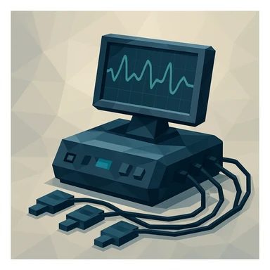 a modern polygraph machine, sleek and high-tech, with digital screens and sensors, in a contemporary polygonal illustration style sticker
