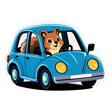 Quokka in a car with a squirrel driving sticker