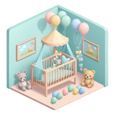 isometric baby room, Nursery with pastel walls and hanging mobile sticker