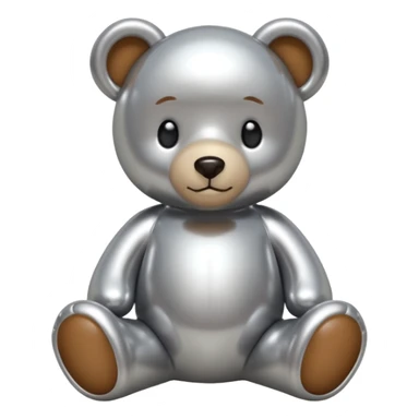 A cute teddy bear emoji made of liquid silver chrome, smooth rounded body, glossy metallic surface, soft reflections, friendly proportions, iOS emoji style, centered, clean white background sticker