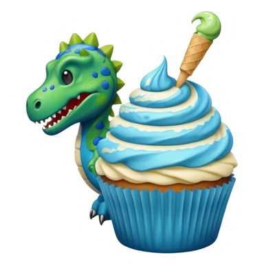 A cupcake having blue and black icing and a dinosaur as a decoration and ice cream next to it sticker