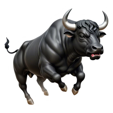 ​Cinematic Realistic Black Charging Bull, depicted in mid-charge with a powerful, muscular form and glossy black hide glistening under dynamic dramatic lighting, dust and motion captured mid-air to exude raw strength and unbridled energy on an expansive arena, sticker