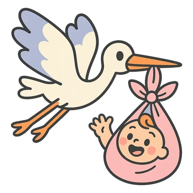 stork flying with a human baby in a bundle, pastel toon style sticker