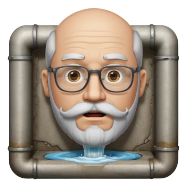 50 year old bearded and moustached white male wearing glasses with an open mouth. His mouth has been cast into a square frame made of concrete connected to a drain pipe. He is proud and thinks his right, while being slightly angry because the joke is on him. sticker