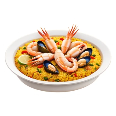 cinematic-realistic-paella-dish-emoji,-depicted-as-a-vibrant,-aromatic-rice-dish-loaded-with-seafood,-chicken,-and-saffron-rendered-with-rich-textures-and-dynamic,-warm-lighting with a lemon slice in the middle sticker