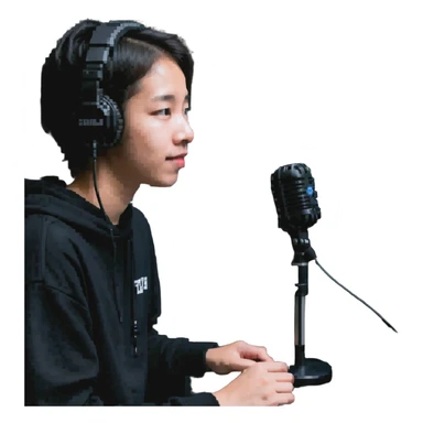 YouTube channel creator with a microphone and computer setup sticker