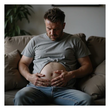 hyperrealistic 4K man sitting on the couch, squeezing his belly with hands and looking at it with disdain sticker