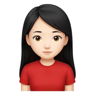 Cute asian girl with long hair and red t shirt and no smile sticker