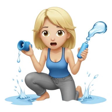 cartoonish blond woman kneeling, surprised expression, wide cartoonish stick with a D-shaped knob coming out of a pair of pants hanging in front of her face, water stream squirting from the flat side of the knob into her open mouth sticker