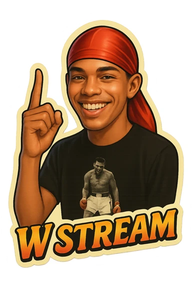 Make him Smiling 
woo Finger signak
Change His durag To Red
Add the words W Stream sticker