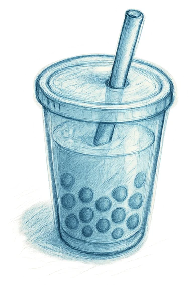 hand-drawn volumetric bubble tea cup with a straw, mostly blue, three-quarter angle, sketchy illustrated, expressive 3D shadows and highlights sticker