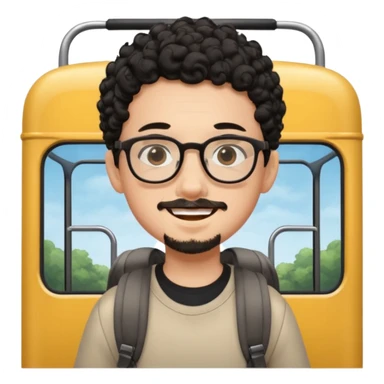 A young boy DEVELOPER WITH A backpack, black curly short hair, wearing glasses, a thin goatee, his skin is white, riding a bus sticker