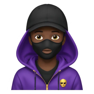 no visible face cartoon blacked character related to a shadow, with all black clothes, focusing a hoodie with his cap on, and a versace face mask covering his entire face, just his purple shadow eyes making a light bloom sticker