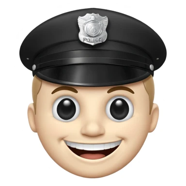 Black-and-white line drawing of a cartoon face with a round head, large round eyes, and a wide toothy grin showing a big happy smile. He is a police officer stopping you. Plain white background, simple and playful style. sticker
