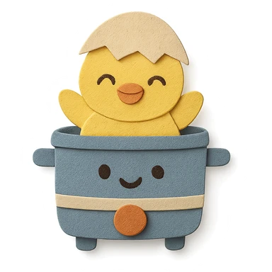 chibi egg cooker with a chick popping out, bright smile, soft yellow palette, full-body sticker