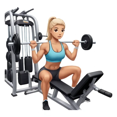 A focused athlete working out on a strength training machine in a modern gym. Muscles engaged, expression determined, demonstrating power and endurance. The gym is filled with equipment like dumbbells, barbells, and mirrors reflecting effort, creating a high-energy atmosphere. sticker