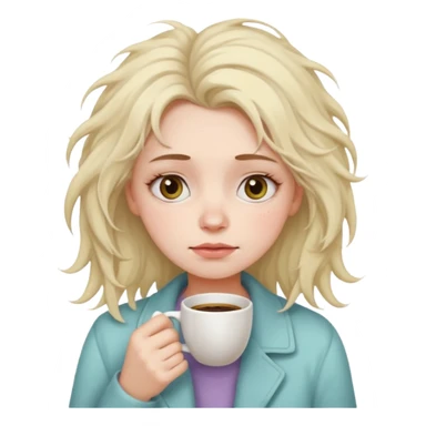 tired woman with dark circles under eyes holding a coffee cup, messy hair, soft pastel emoji style, calm neutral background sticker
