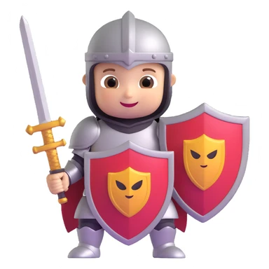3D emoji style baby knight holding sword and shield with big eyes and smiling sticker