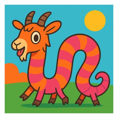 whimsical hybrid of a goat and a worm with a long segmented worm-like body, goat's head, small horns, tiny hooves, playful cartoon style sticker
