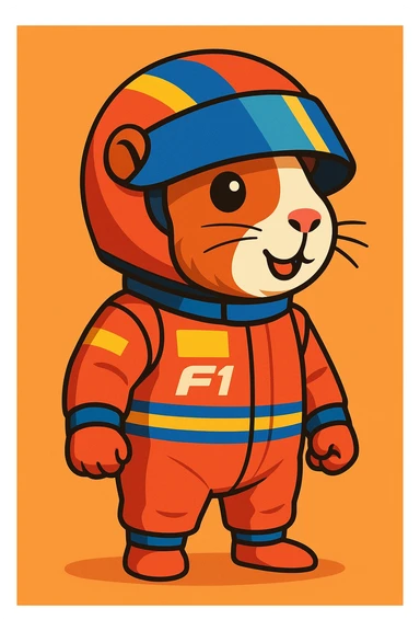 detailed cartoon of a guinea pig in a Formula 1 racing suit and helmet, full body sticker