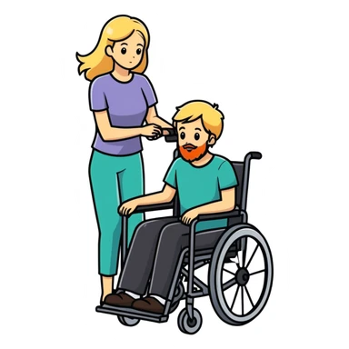 Single Boy in wheelchair with a beard with single blonde haired mom pushing sticker